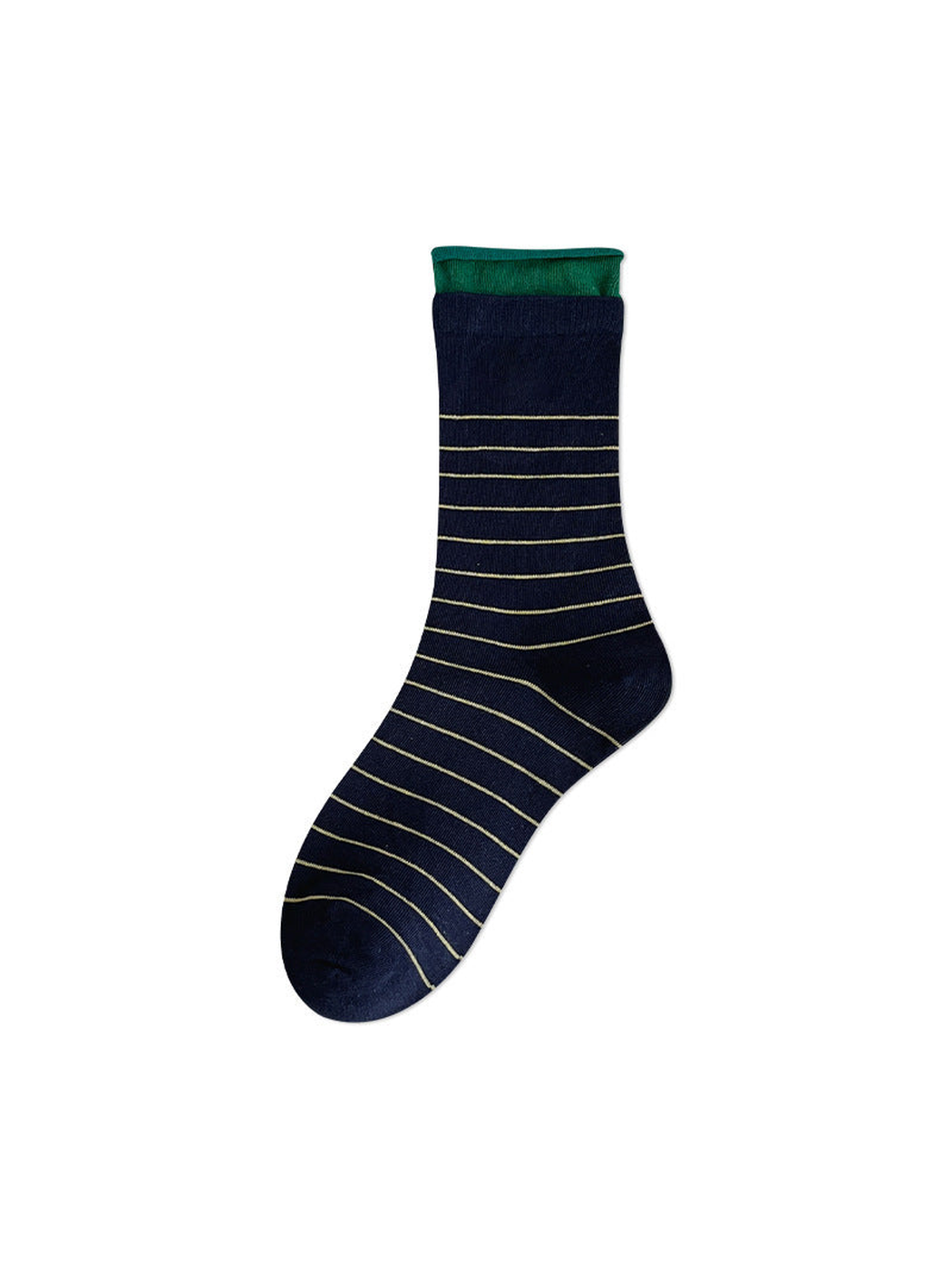 Navy crew sock with fine yellow stripes and a green rolled cuff