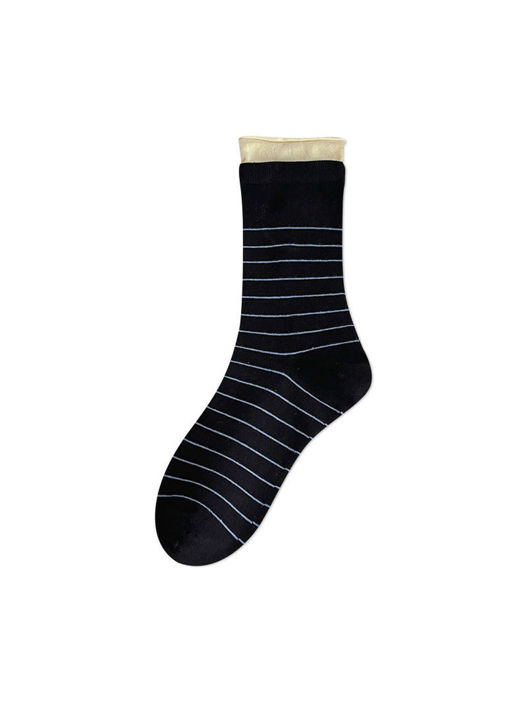 Black crew sock with pale blue stripes and a cream rolled cuff