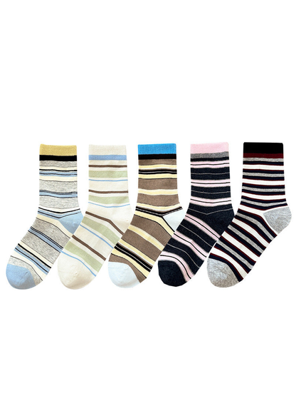 Five striped crew sock styles displayed together on a white background