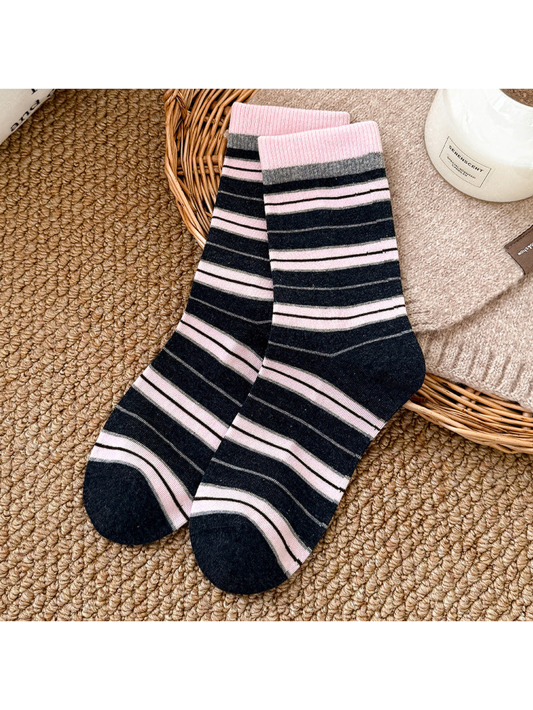 Light pink and dark gray striped crew socks
