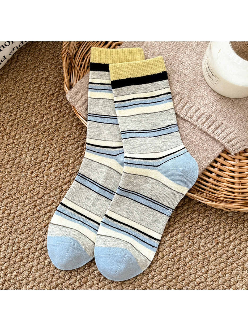 Yellow, gray and pale blue striped crew socks