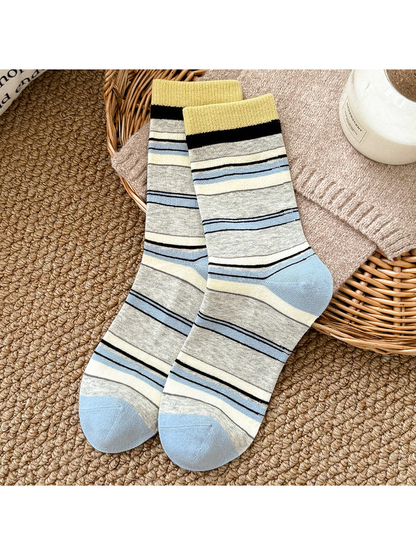 Yellow, gray and pale blue striped crew socks