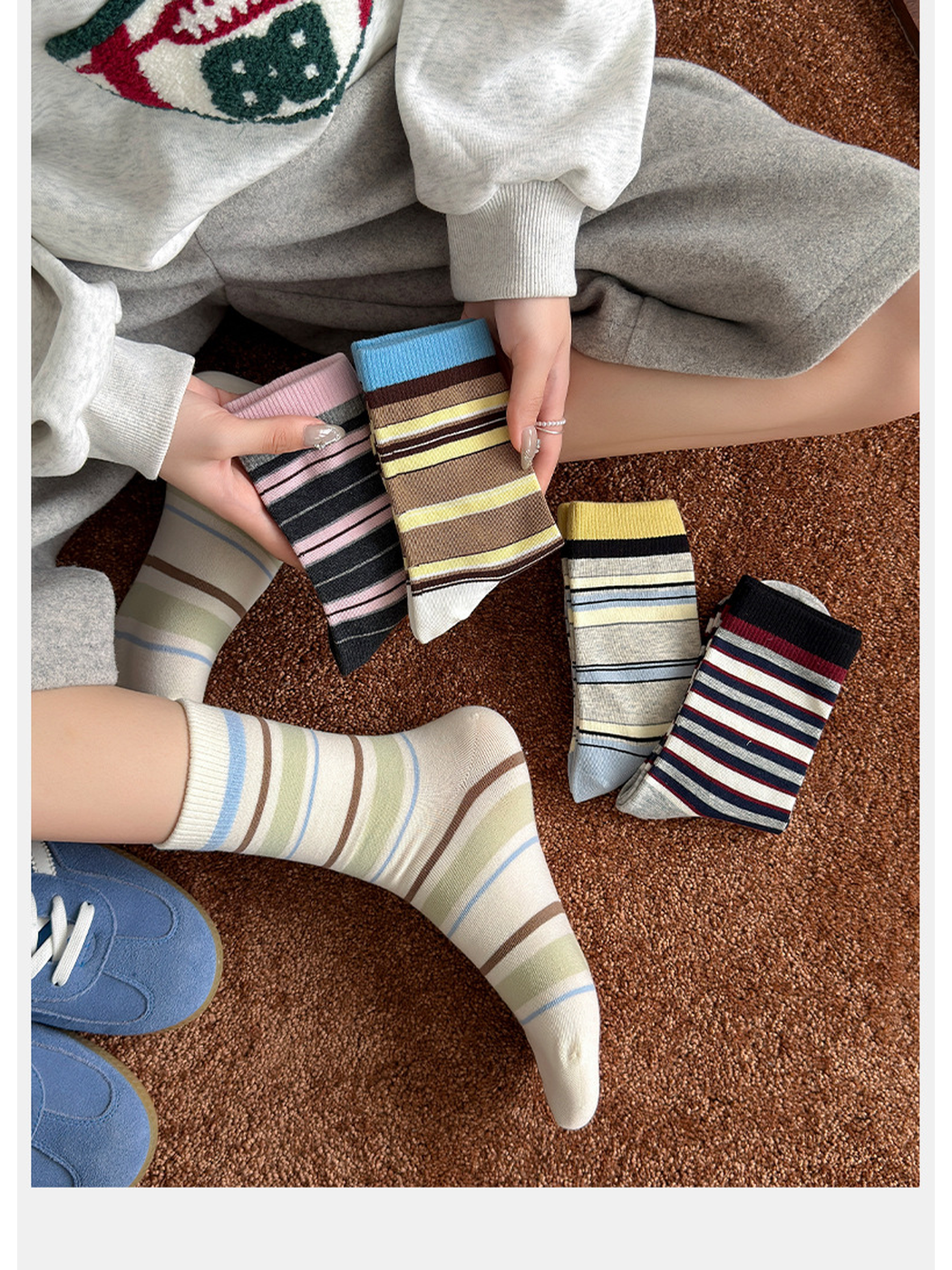 Striped crew socks styled with blue sneakers and additional color options
