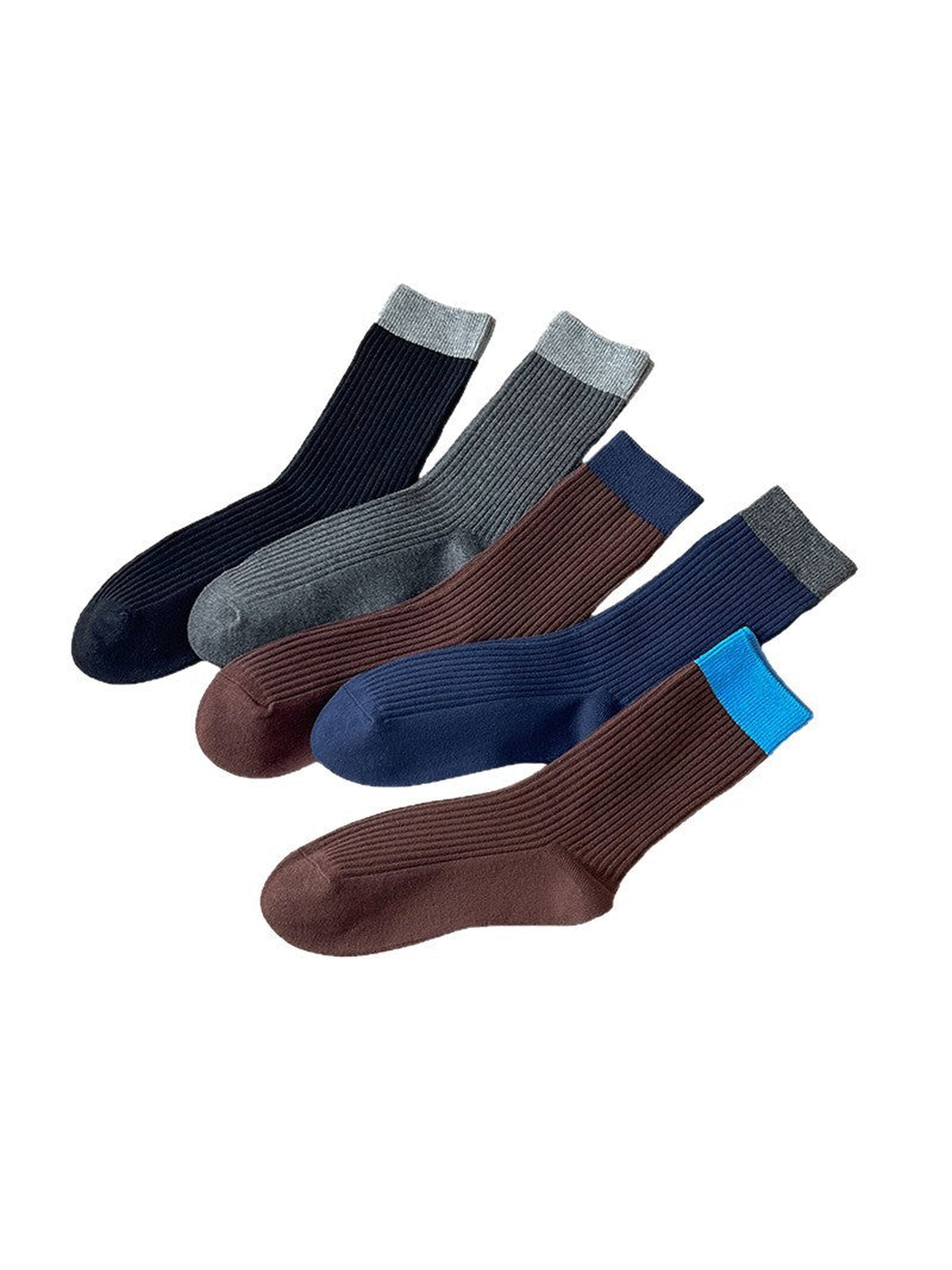 Five color combinations of ribbed crew socks displayed together