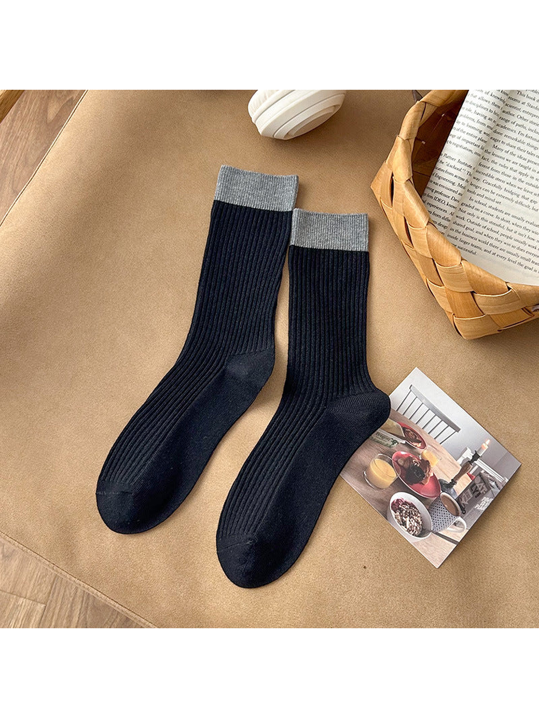 Black ribbed crew socks with heather gray cuffs