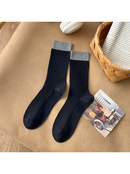 Black ribbed crew socks with heather gray cuffs