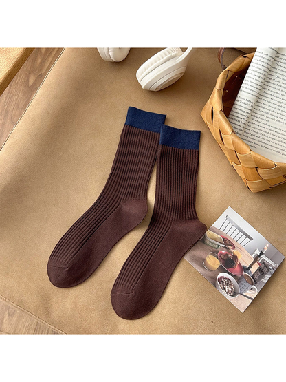 Coffee brown ribbed crew socks with navy cuffs