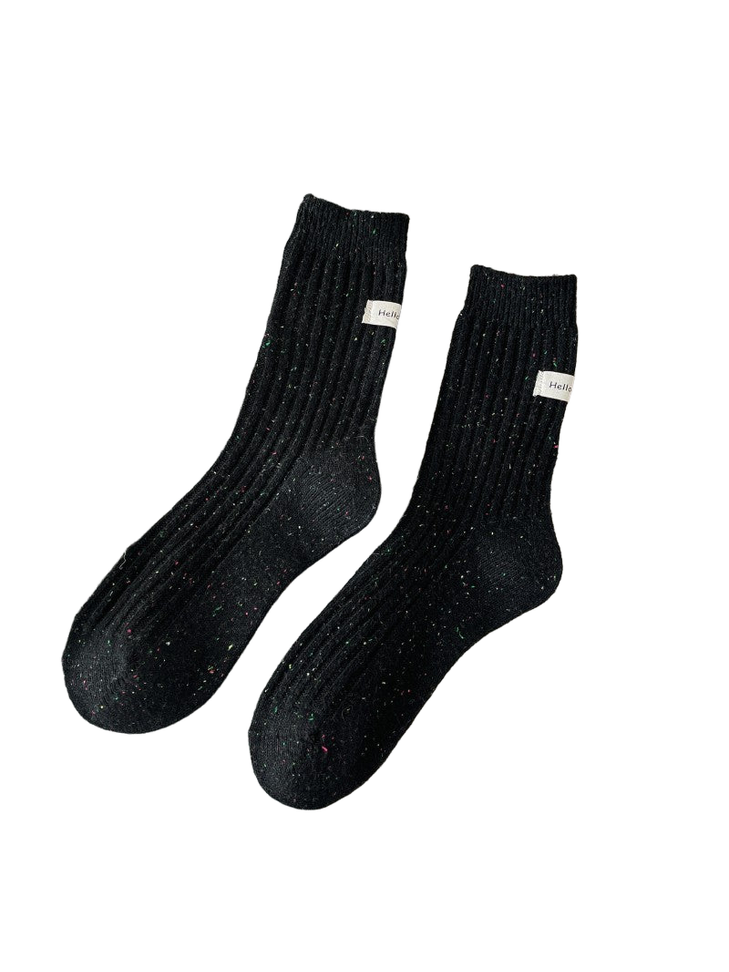 Black ribbed crew socks with multicolor flecks, pair view