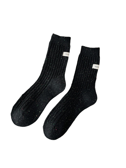 Black ribbed crew socks with multicolor flecks, pair view