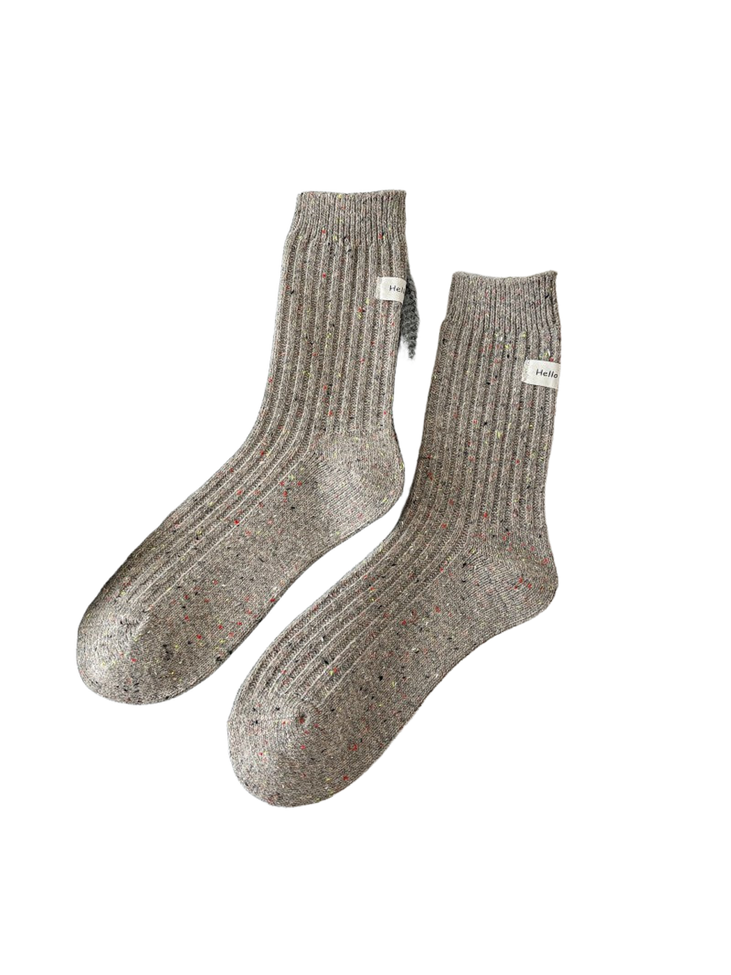 Light brown ribbed crew socks with multicolor flecks, pair view