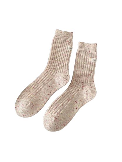 Light pink ribbed crew socks with multicolor flecks, pair view