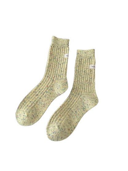 Pale yellow ribbed crew socks with multicolor flecks, pair view