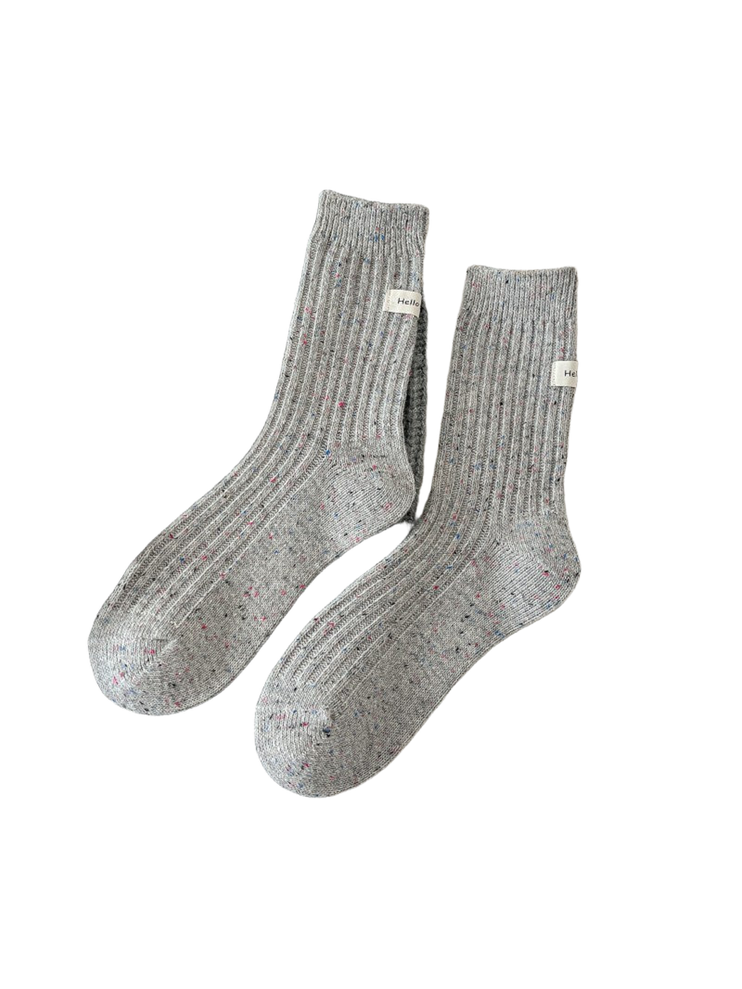 Medium gray ribbed crew socks with multicolor flecks, pair view