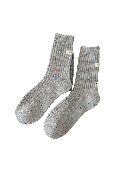 Medium gray ribbed crew socks with multicolor flecks, pair view