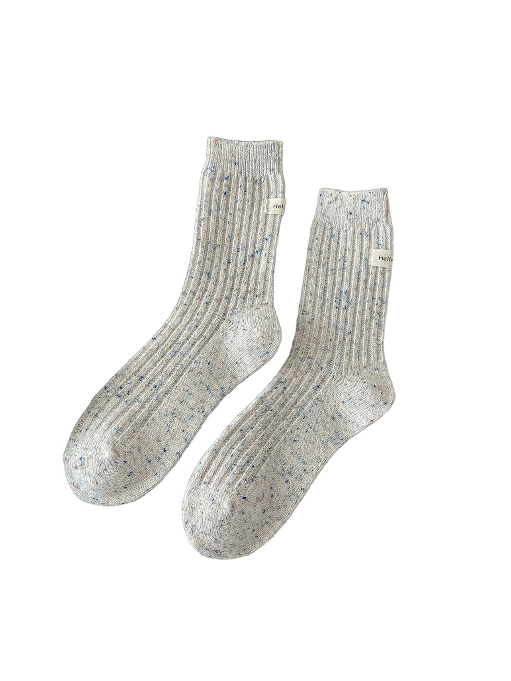 Ivory ribbed crew socks with blue flecks, pair view