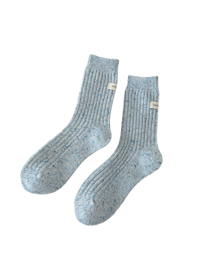 Light blue ribbed crew socks with blue flecks, pair view