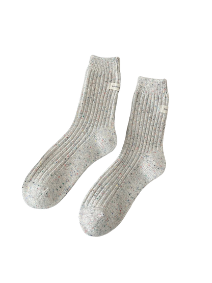 Light gray ribbed crew socks with multicolor flecks, pair view