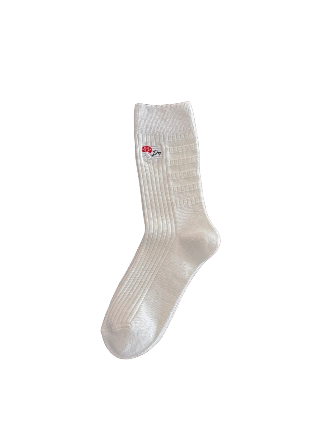 Ivory ribbed crew sock with embroidered mushroom motif