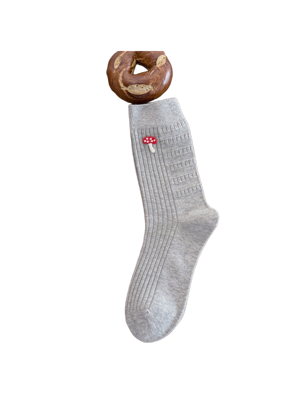 Light gray ribbed crew sock with embroidered mushroom motif