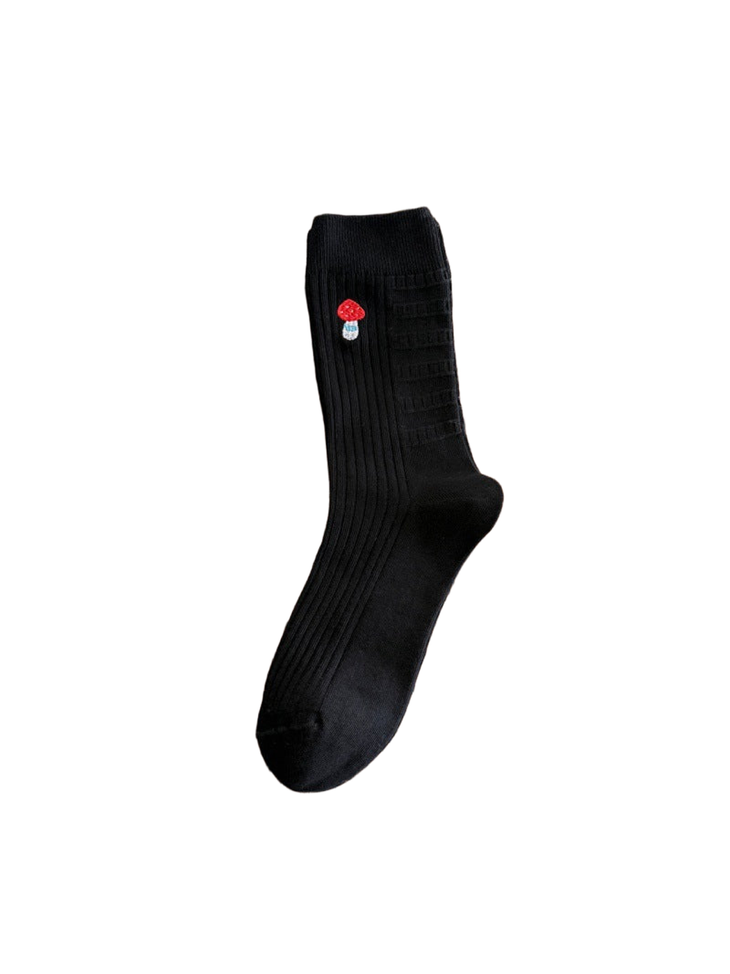 Black ribbed crew sock with embroidered mushroom motif