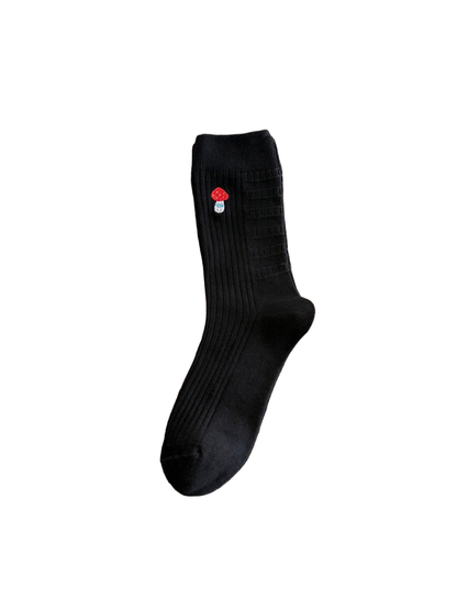 Black ribbed crew sock with embroidered mushroom motif