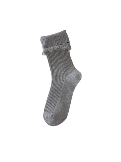 Light gray ribbed crew sock with fuzzy cuff trim