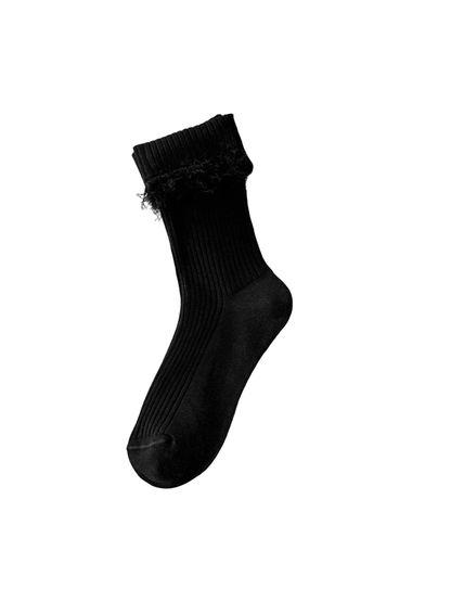 Black ribbed crew sock with fuzzy cuff trim