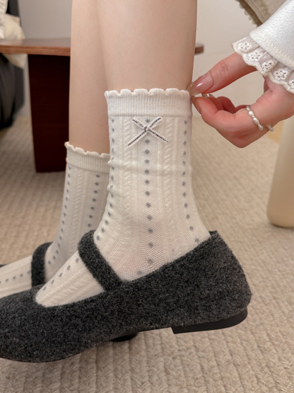 White dotted ribbed crew socks styled with dark Mary Jane shoes