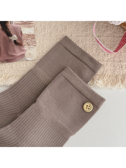 Close-up of fold-over cuffs, vertical ribbing, and gold-tone button accents