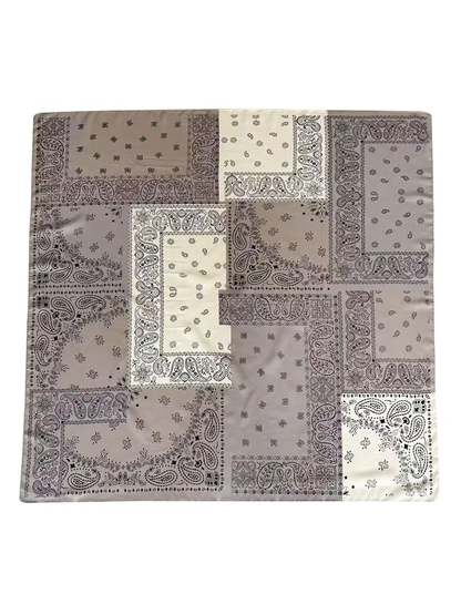 Taupe, greige and cream paisley patchwork square scarf, full view