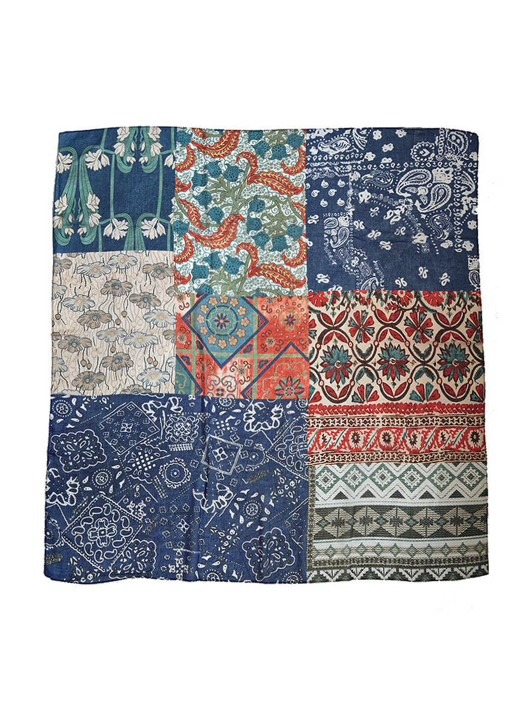 Multicolor square scarf with patchwork floral, paisley and geometric patterns