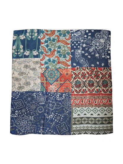 Multicolor square scarf with patchwork floral, paisley and geometric patterns