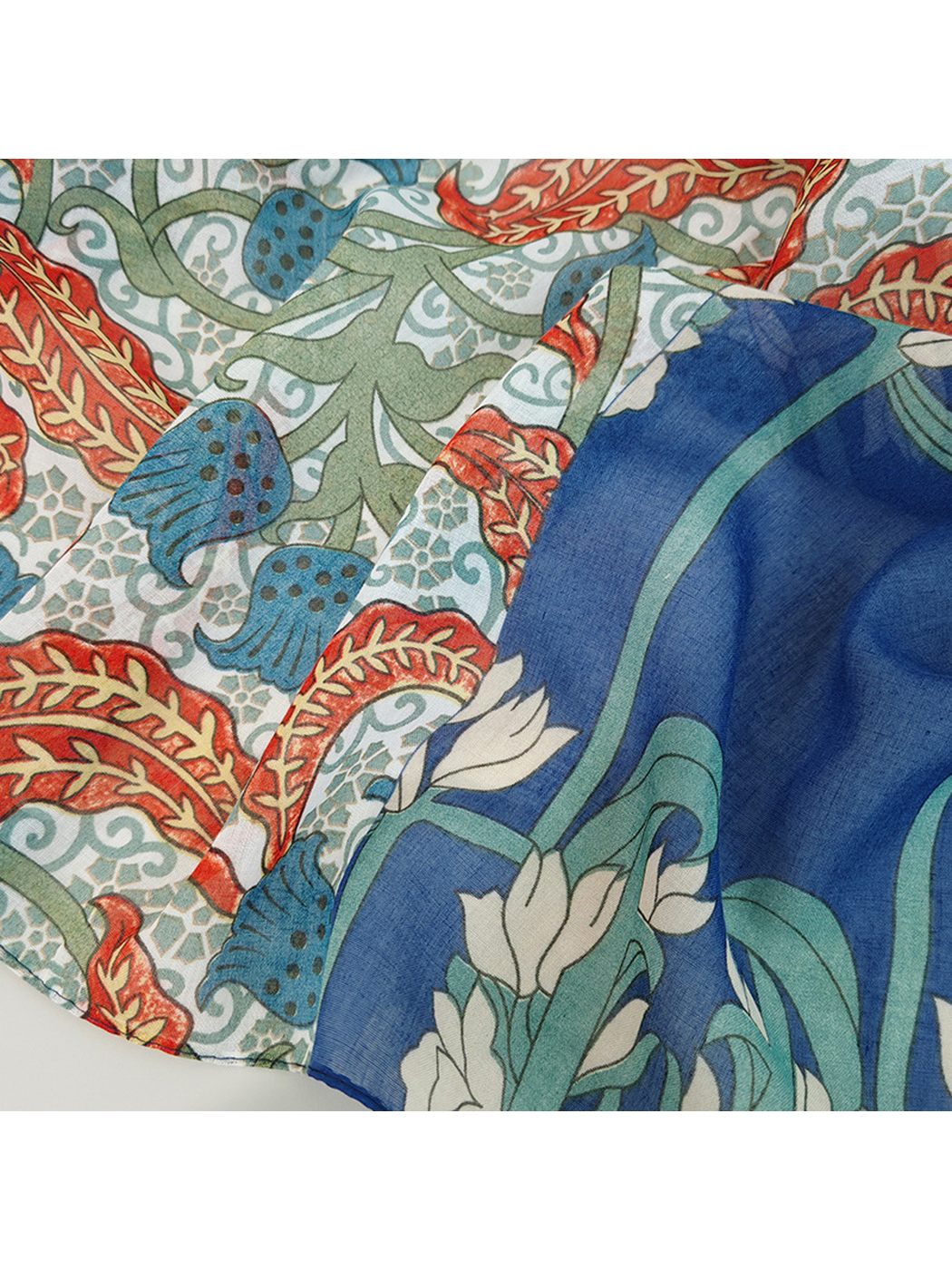 Close-up of the scarf's stitched edge and adjoining botanical panels
