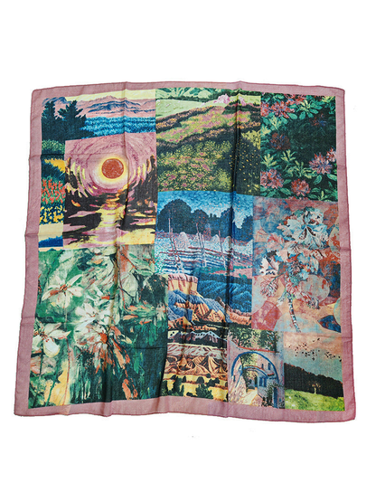 Multicolor square scarf with painterly landscape and floral patchwork