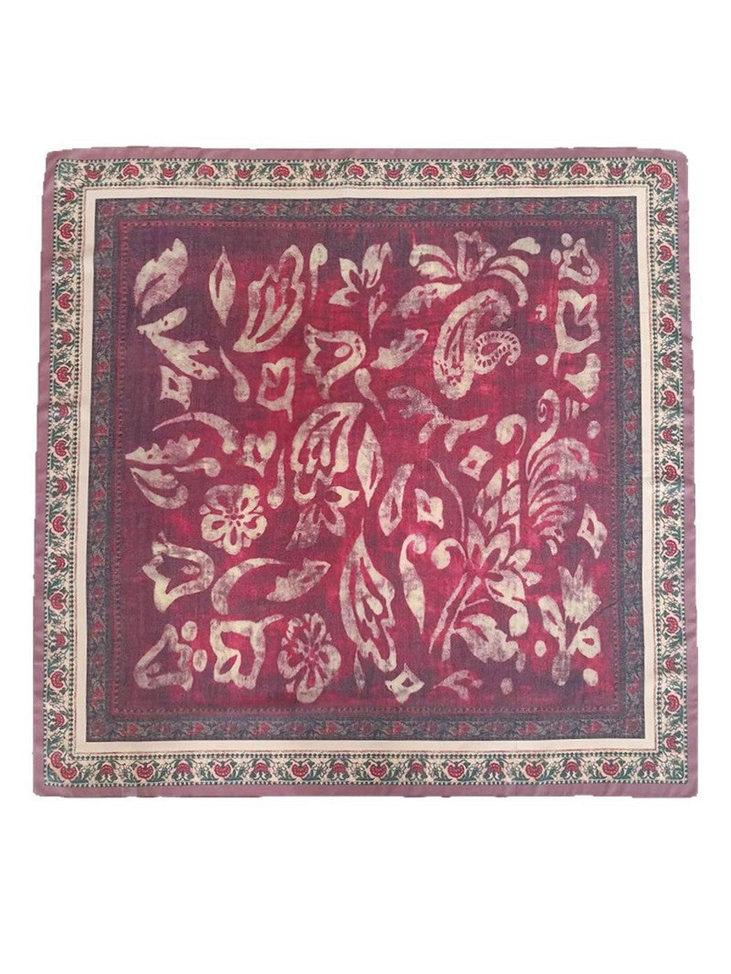 Rose and mauve square scarf with botanical motifs and floral border