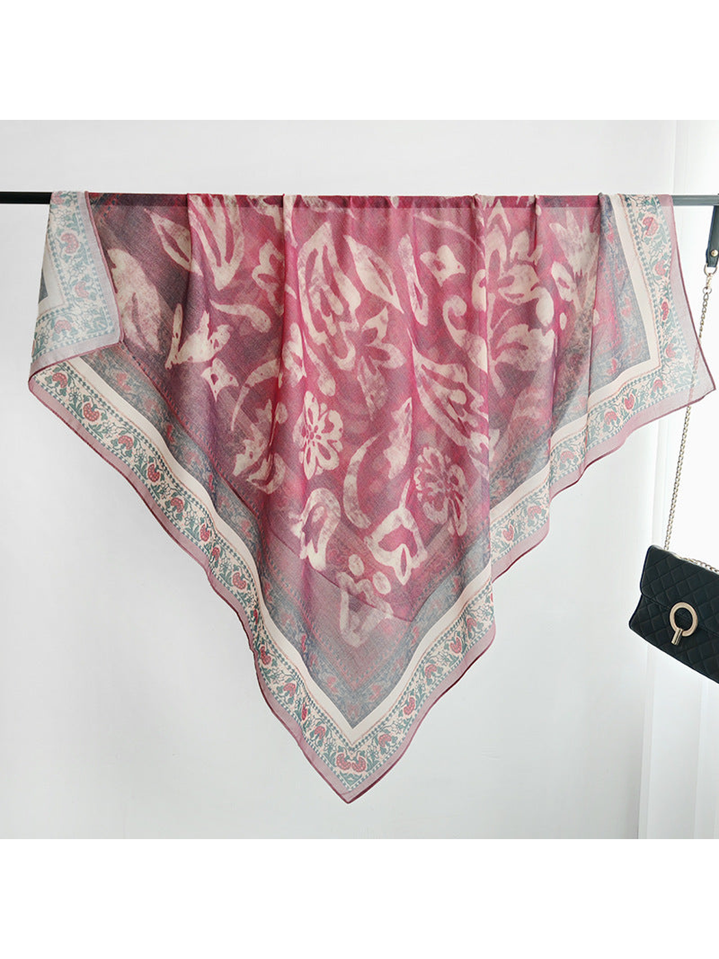 Rose and mauve square scarf displayed open with floral border