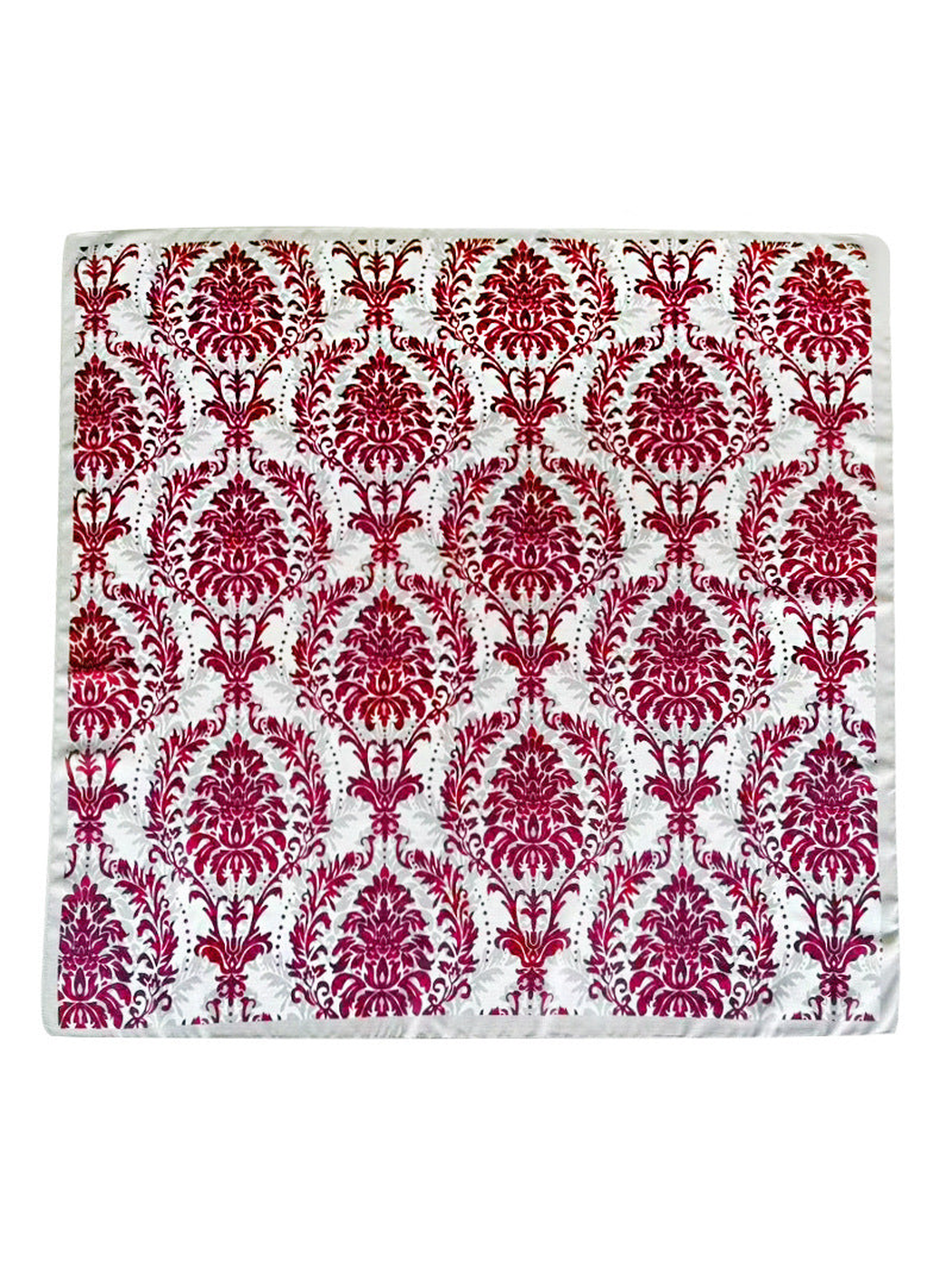 Red and ivory square scarf with ornate floral pattern, full view