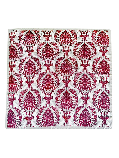Red and ivory square scarf with ornate floral pattern, full view