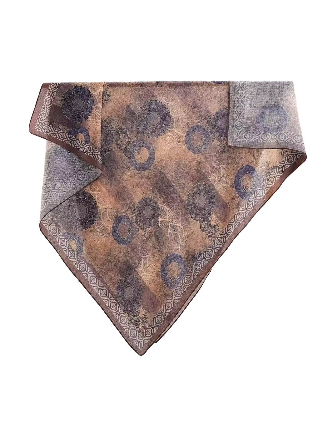 Brown square scarf with circular medallion pattern and geometric border