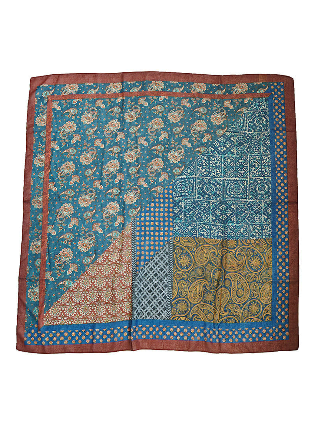 Multicolor square scarf with floral, paisley, dotted, and geometric patchwork