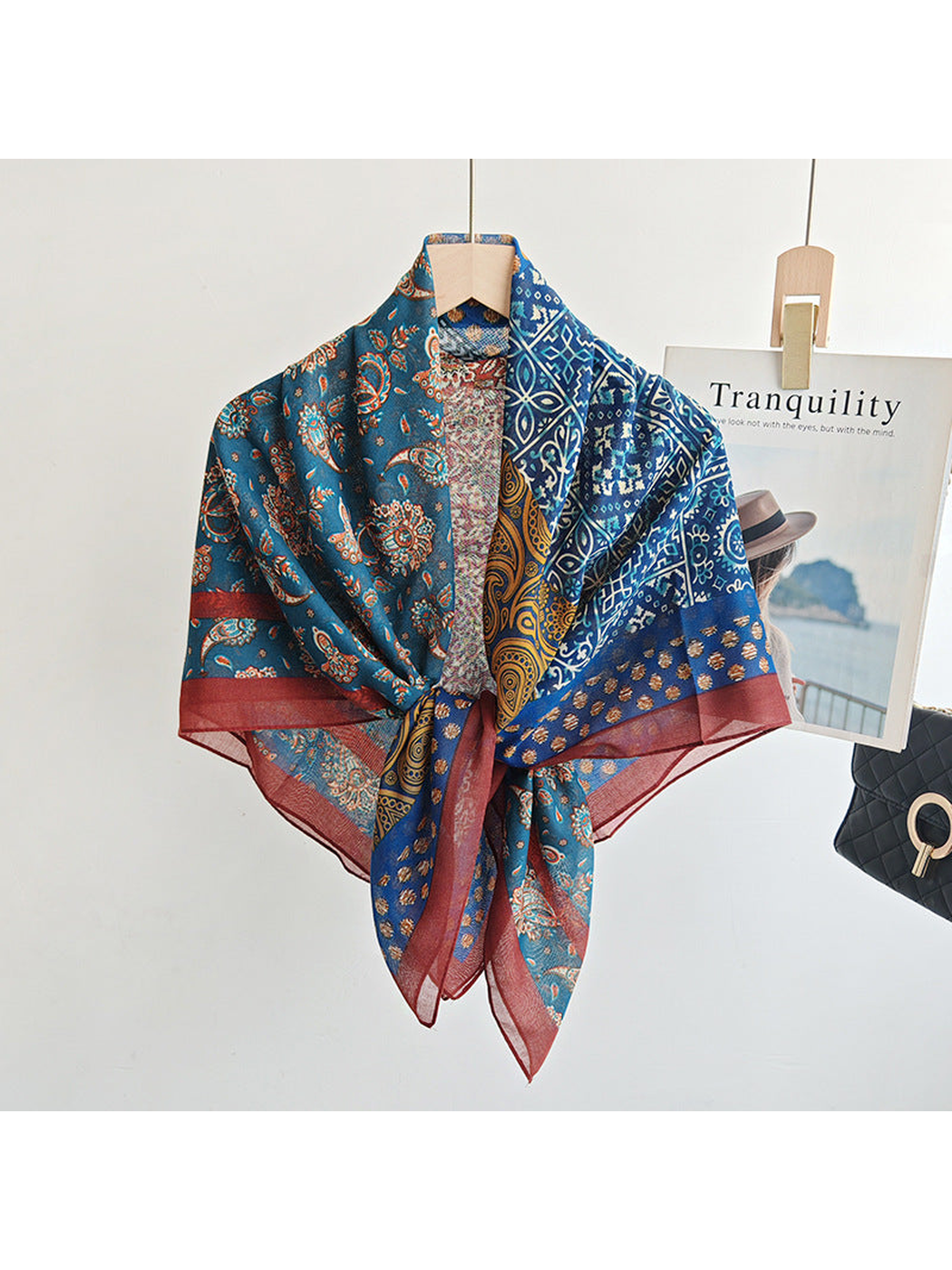 Multicolor patchwork scarf styled in a loose front knot