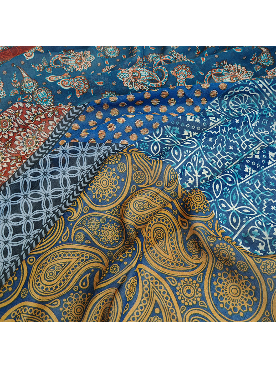 Close-up of the scarf's layered prints and semi-sheer woven-look surface