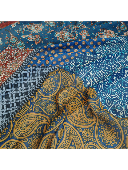 Close-up of the scarf's layered prints and semi-sheer woven-look surface