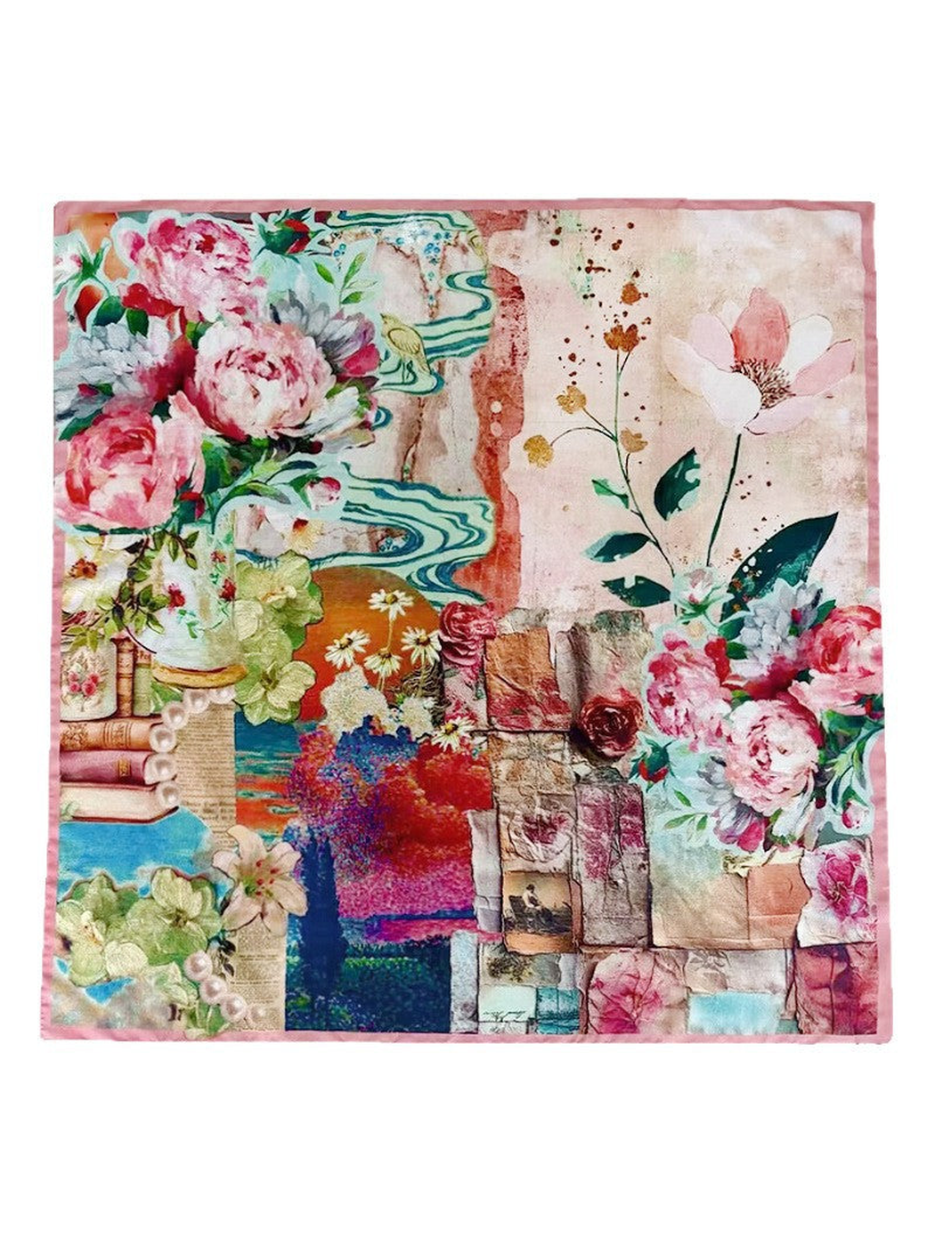 Multicolor square scarf with floral, botanical and painterly collage print