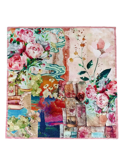 Multicolor square scarf with floral, botanical and painterly collage print