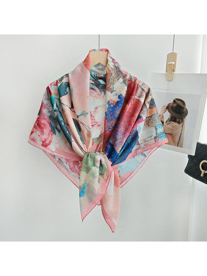 Multicolor floral scarf tied at the front in a styled display