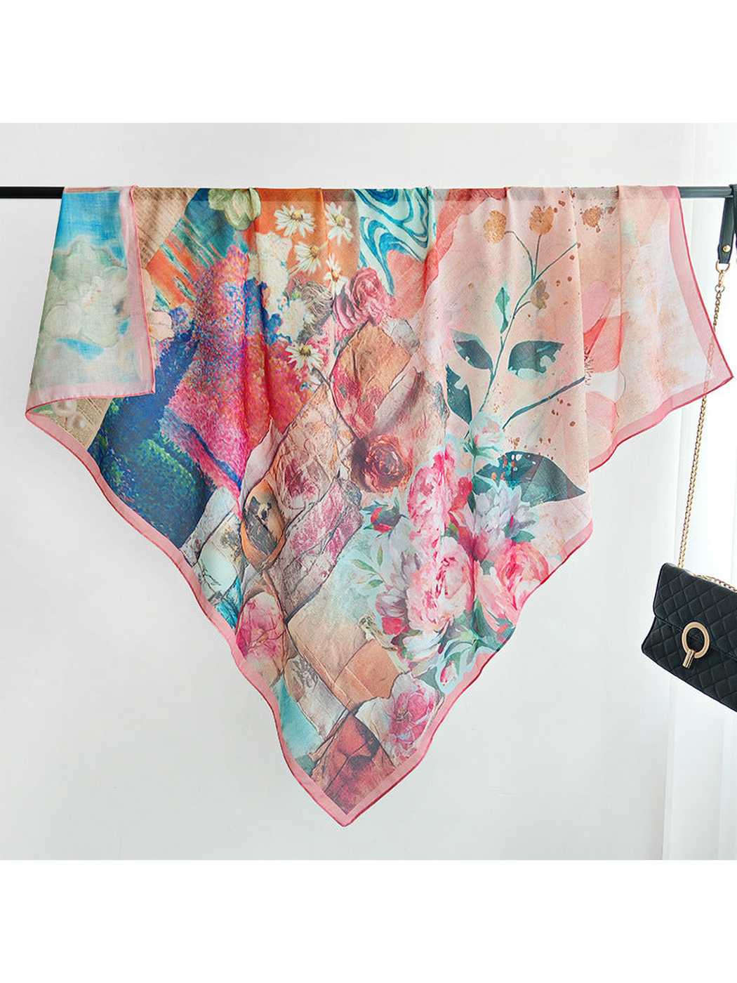 Multicolor square scarf draped open to display the floral collage print