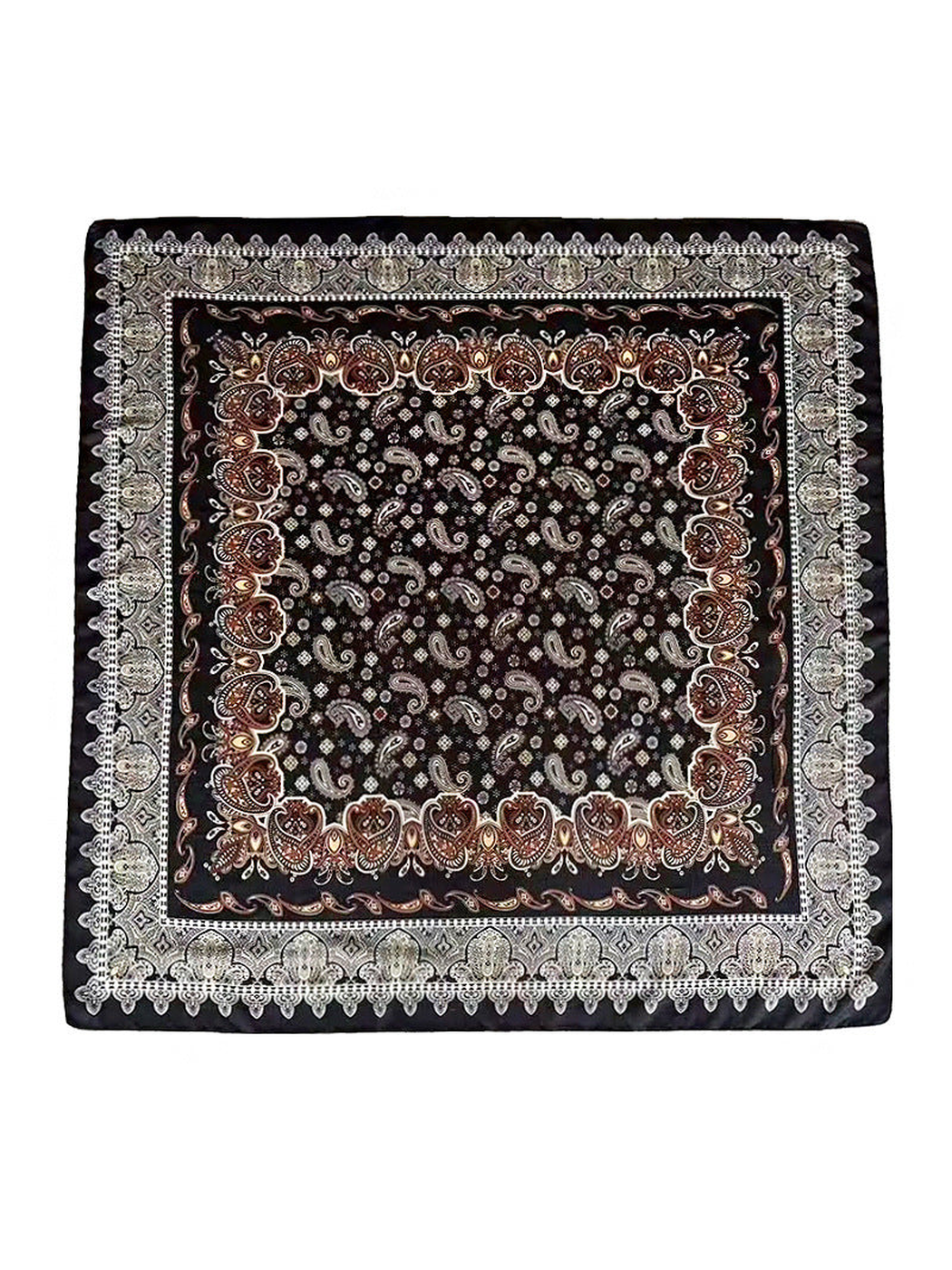 Black square scarf with rust, cream and blue-gray paisley borders