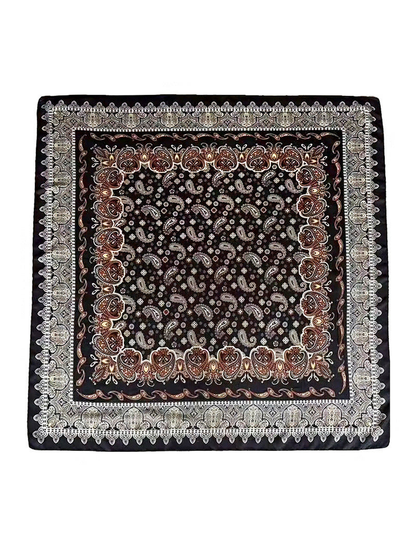 Black square scarf with rust, cream and blue-gray paisley borders