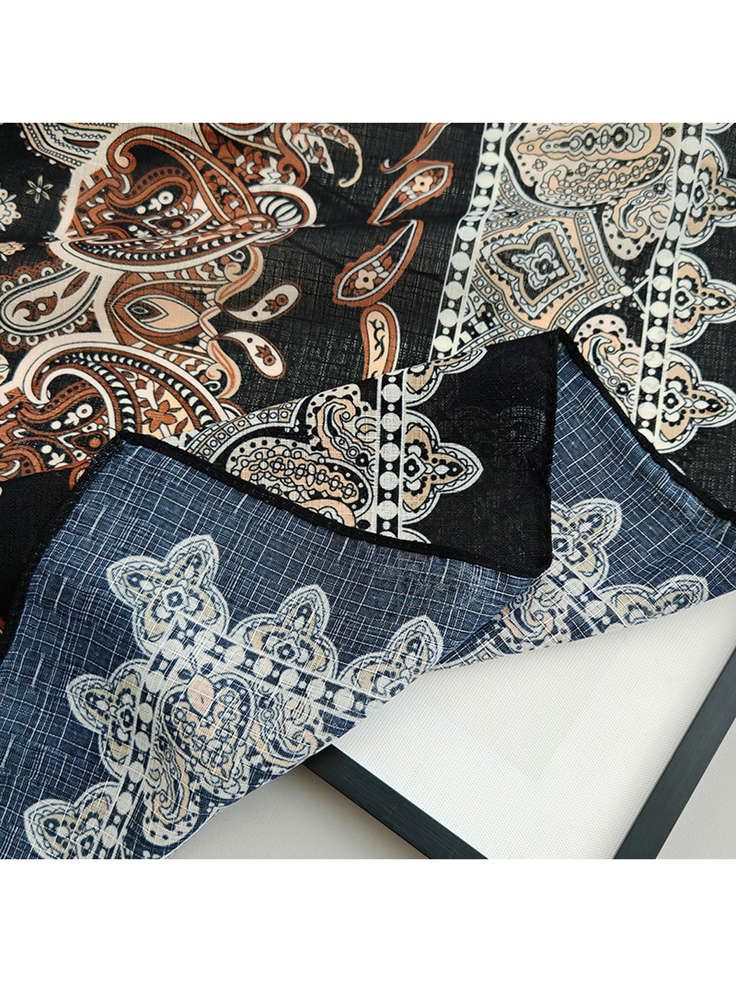 Close-up of the paisley scarf border and blue-gray reverse side